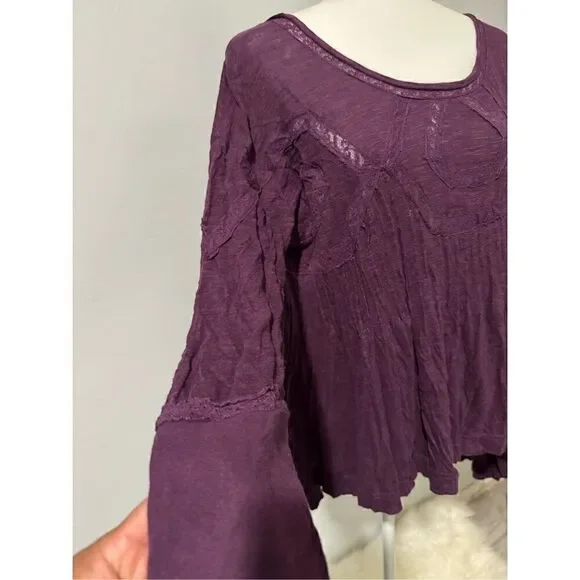 Free people lace trimmed distressed purple babydoll boho keyhole on back top S - Picture 3 of 8